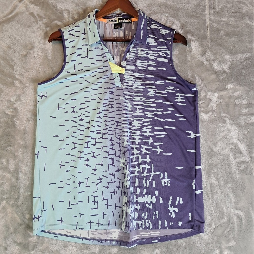 Jamie Sadock Golf Top L Blue Purple Abstract Sleeveless Polo Shirt Zip 81248